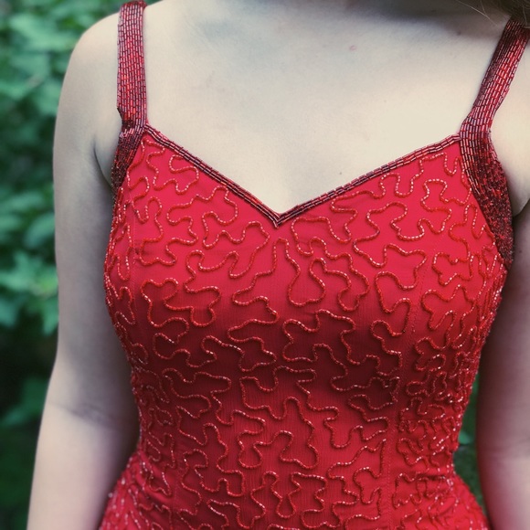 Fully Beaded Red Prom Gown - Picture 3 of 4
